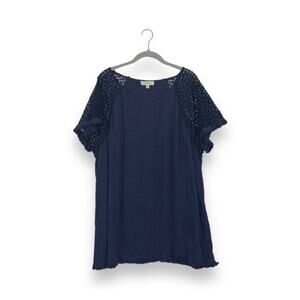 Umgee + Navy Blue Linen Blend Crochet Knit Short Sleeve T-Shirt Top